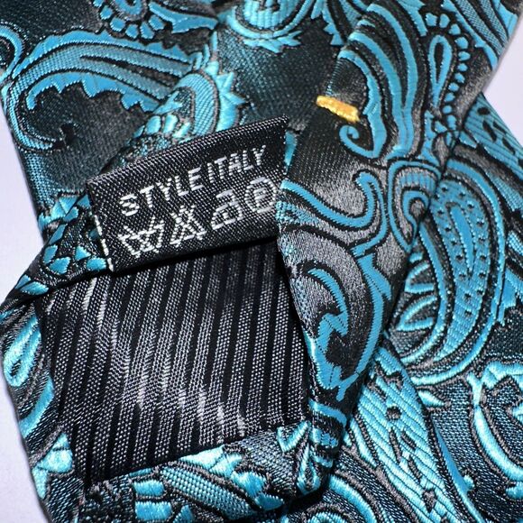New DiBanGu Tie (58L 3W) Silk Necktie. Black Teal Men’s Paisley Print - Picture 3 of 7